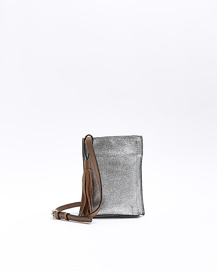 Silver leather tassel cross body bag