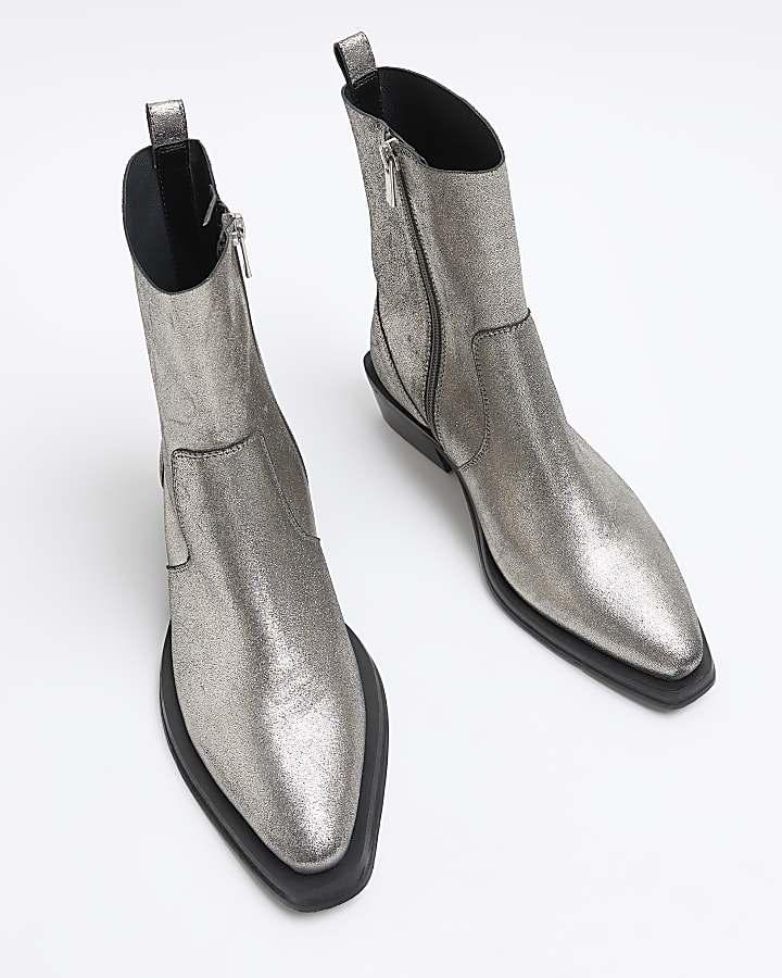 Silver leather western boots | River Island