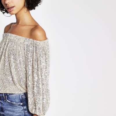 silver sequin top with sleeves
