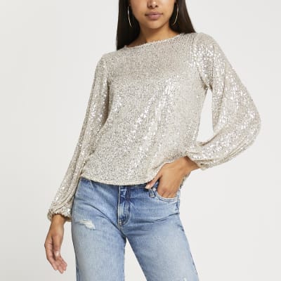 Silver long sleeve sequin top | River Island