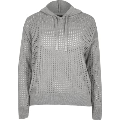 Silver mesh long sleeve knitted hoodie