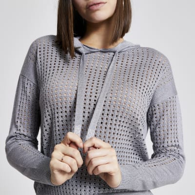 Silver mesh long sleeve knitted hoodie
