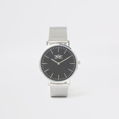 Silver mesh strap flat round face watch