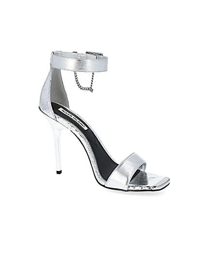 360 degree animation of product Silver metallic barely there heeled sandals frame-17