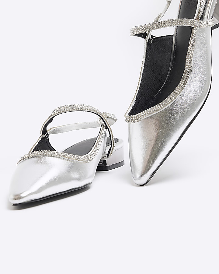 Silver metallic diamante sling back shoes | River Island