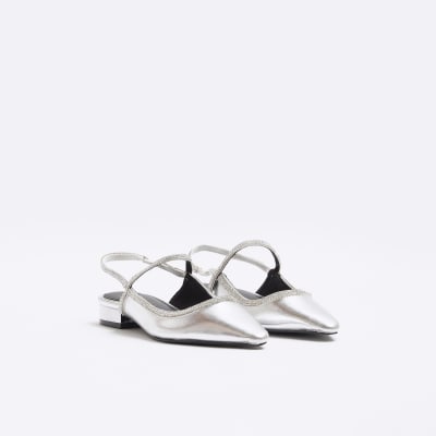 Silver metallic diamante sling back shoes | River Island