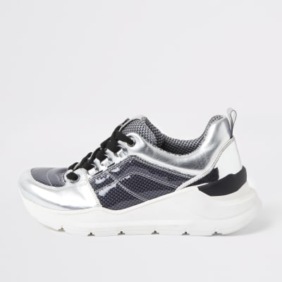 Silver metallic lace up runner trainers