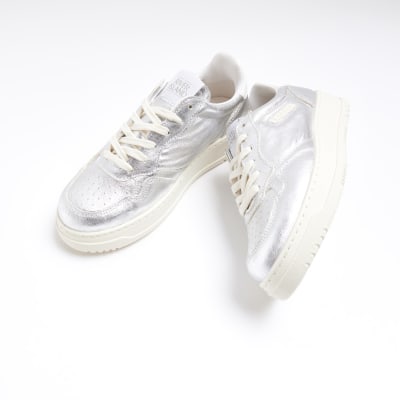 Silver metallic lace up trainers