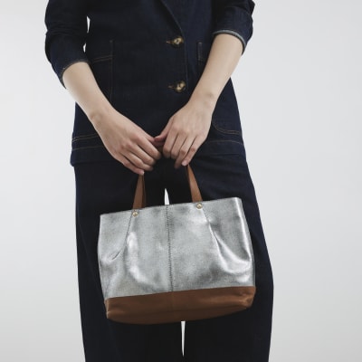 Silver Metallic Leather Shopper Bag