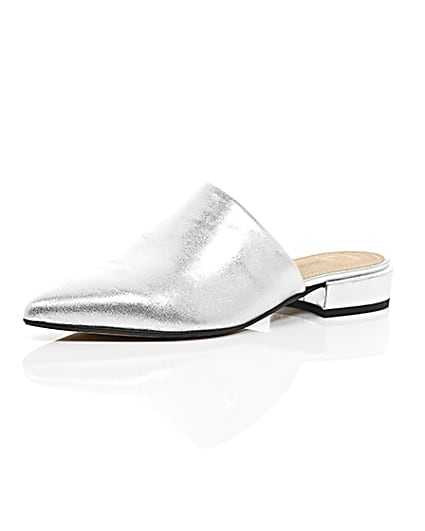 360 degree animation of product Silver metallic leather slip on mules frame-0