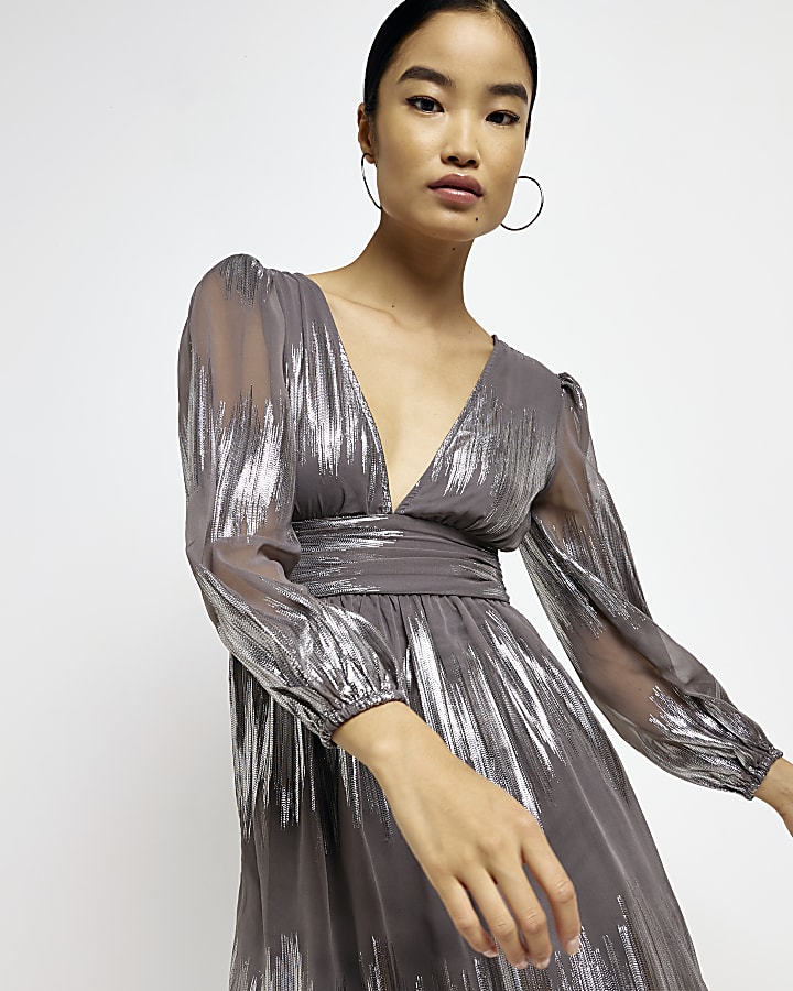 Silver metallic long sleeve swing mini dress