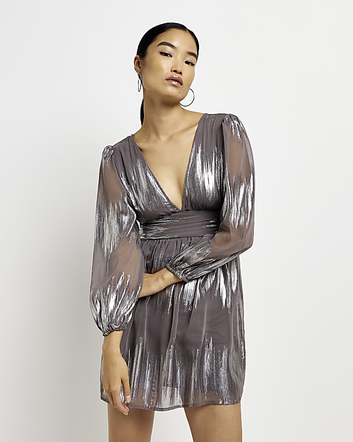 Silver metallic long sleeve swing mini dress