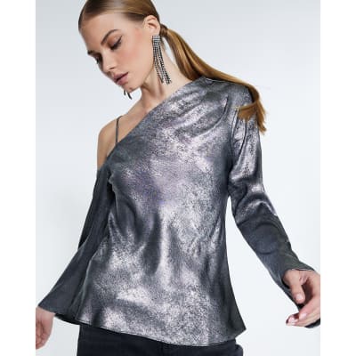 Silver Metallic One Shoulder Top
