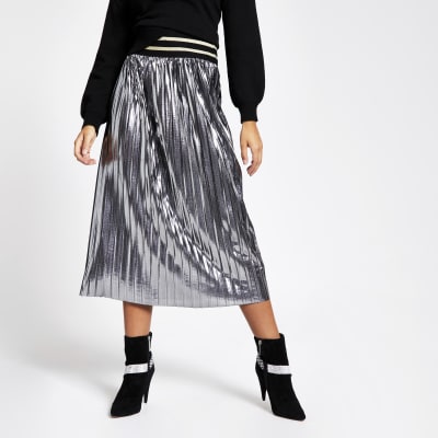 Silver metallic pleated midi skirt | River Island