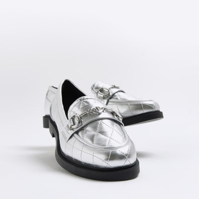 Silver metallic quilted loafers | River Island