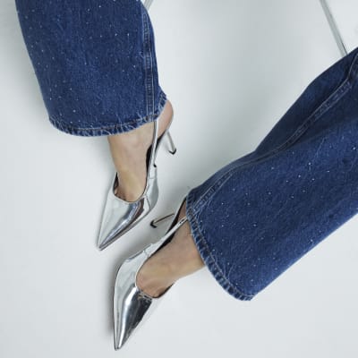 Silver metallic sling back heeled court shoes River Island