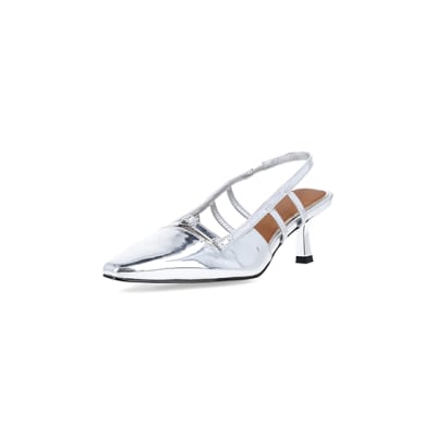 Silver metallic slingback court shoes | River Island