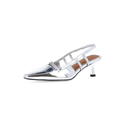 Silver metallic slingback court shoes | River Island