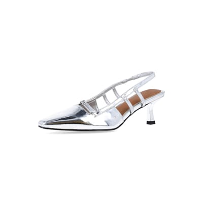 360 degree animation of product Silver metallic slingback court shoes frame-1