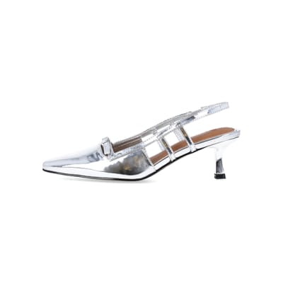 360 degree animation of product Silver metallic slingback court shoes frame-3