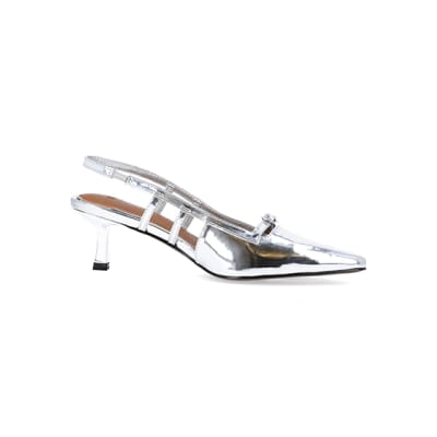 360 degree animation of product Silver metallic slingback court shoes frame-16