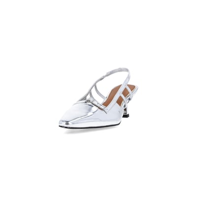 360 degree animation of product Silver metallic slingback court shoes frame-23