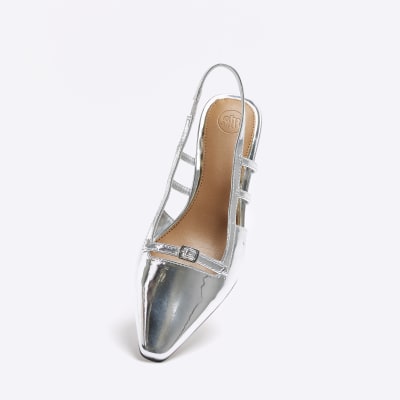 Silver metallic slingback court shoes