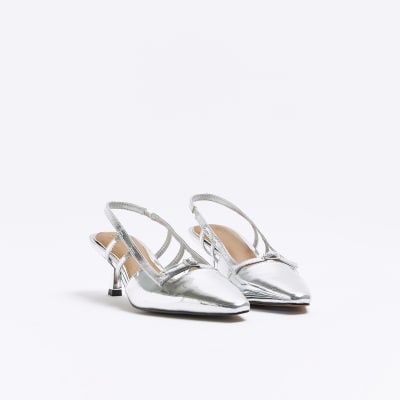 Silver metallic slingback court shoes | River Island