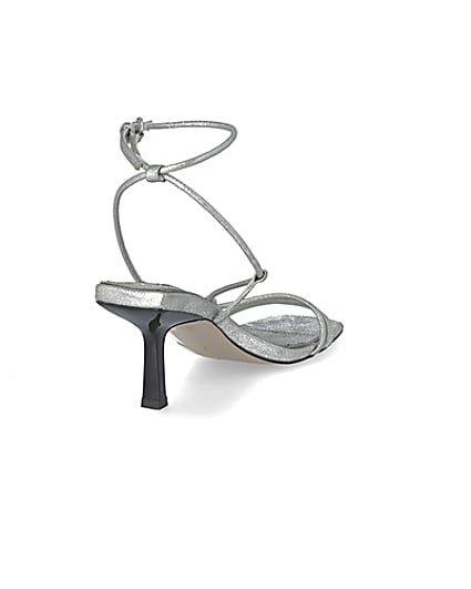 360 degree animation of product Silver metallic square toe midi heel sandals frame-11