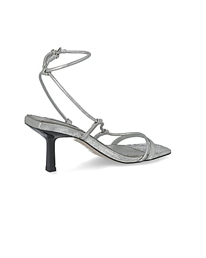 360 degree animation of product Silver metallic square toe midi heel sandals frame-13