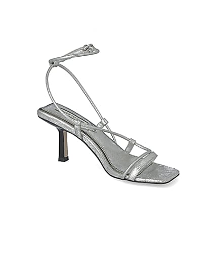 360 degree animation of product Silver metallic square toe midi heel sandals frame-17