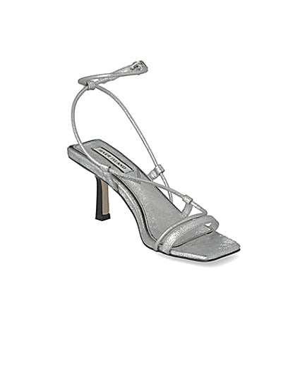 360 degree animation of product Silver metallic square toe midi heel sandals frame-18