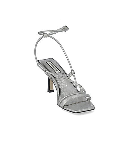 360 degree animation of product Silver metallic square toe midi heel sandals frame-19