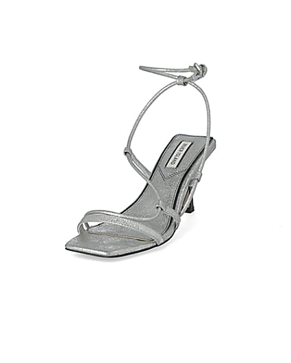 360 degree animation of product Silver metallic square toe midi heel sandals frame-23