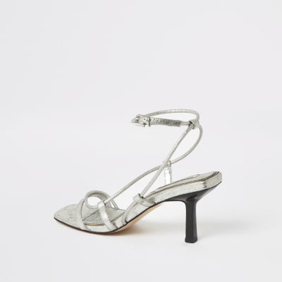 Silver metallic square toe midi heel sandals