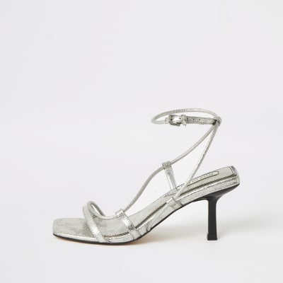 Silver metallic square toe midi heel sandals | River Island