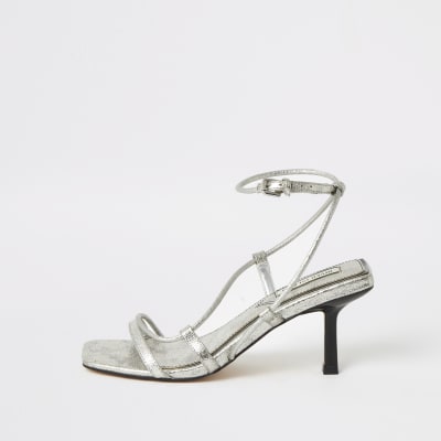 Silver metallic square toe midi heel 