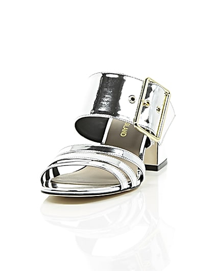 360 degree animation of product Silver metallic strappy mules frame-2