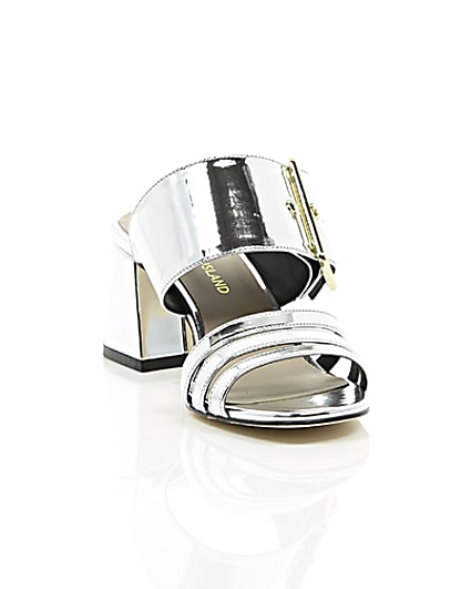 360 degree animation of product Silver metallic strappy mules frame-5