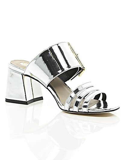 360 degree animation of product Silver metallic strappy mules frame-7