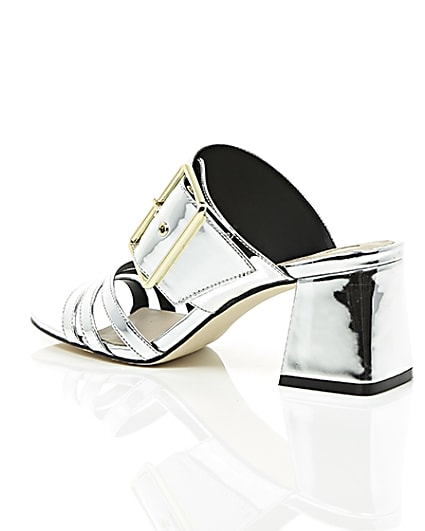 360 degree animation of product Silver metallic strappy mules frame-19