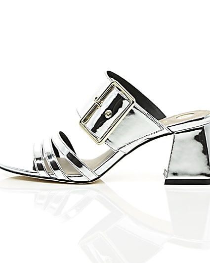 360 degree animation of product Silver metallic strappy mules frame-21