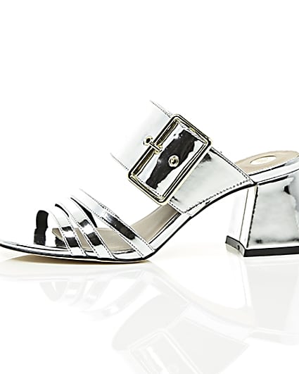 360 degree animation of product Silver metallic strappy mules frame-22