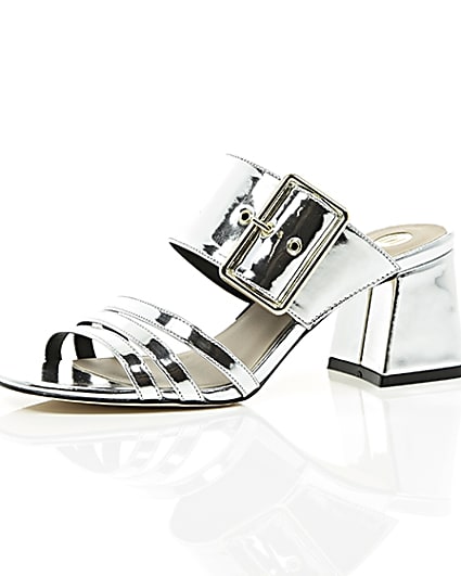 360 degree animation of product Silver metallic strappy mules frame-23