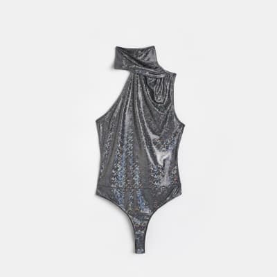 Silver metallic twist neck bodysuit