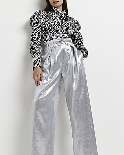 Silver metallic wide leg trousers