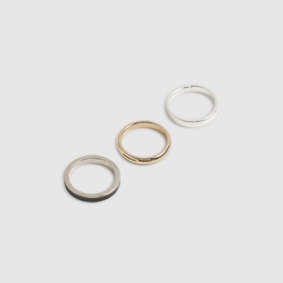 Silver Mixed Metal Pack Of 3 Band Rings