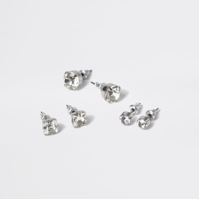 Silver multipack rhinestone stud earrings River Island