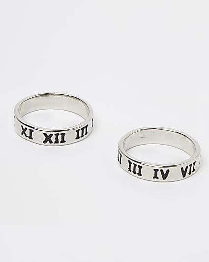 Silver multipack roman numeral engraved rings