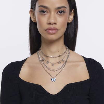 Silver multirow charm necklace